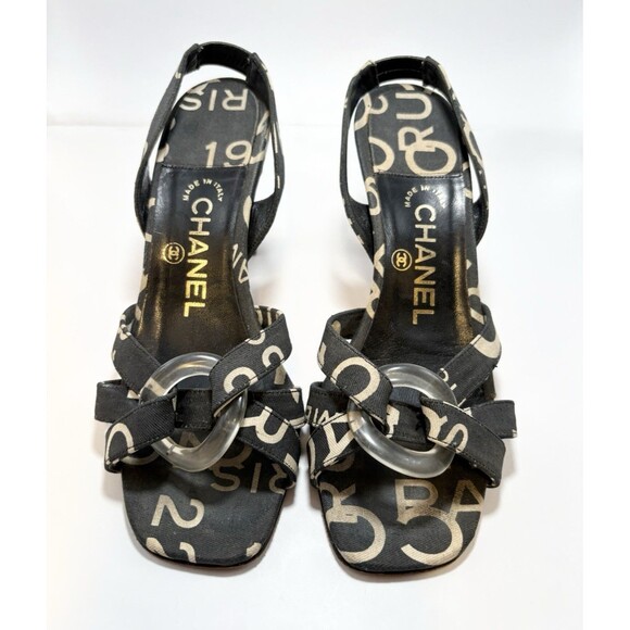 Chanel Slingback Heels Logo Printed Canvas Black & White Cross Sandals Sz 36 6 - Picture 1 of 11